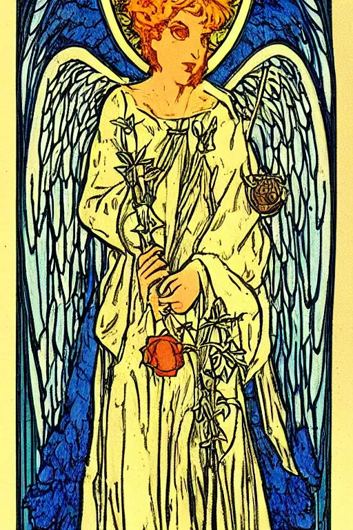 Image similar to a Tarot card depicting an angel, in the style of art nouveau
