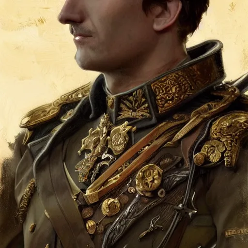 Image similar to portrait of stoic king john oliver, full body, military uniform, muscular, fantasy, intricate, elegant, beautiful, highly detailed, centered, dark, smokey, digital painting, artstation, concept art, smooth, sharp focus, illustration, art by artgerm and greg rutkowski and alphonse mucha