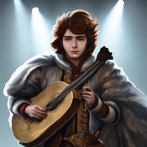 Image similar to a digital art close up portrait of young nobleman bard from warhammer, handsome young man bard with lute character sheet, 4 k, ultra detail, volumetric lighting, unreal engine, octane render