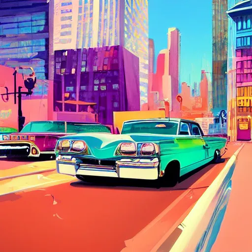 Image similar to swagger! lowrider culture, living large in the city by tyler edlin, new york 1 9 7 0, editorial, bold colors, detailed, bold colors, incredible lighting, great composition, artstation