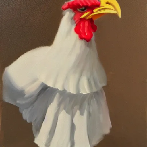 Image similar to oil painting of a chicken wearing a maid dress