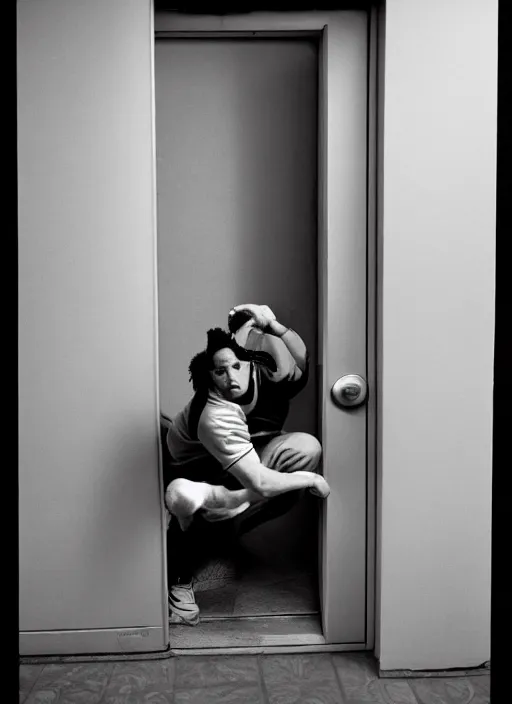 Image similar to Portrait of a 1990s Philadelphia b-boy looking back while exiting his brutalist apartment, hand on the doorknob, photographed for Reuters, Kodak Portra 400, 25mm f/1.8, light diffusion, contrast, film grain, 8k archival print, after Petrus van Schendel