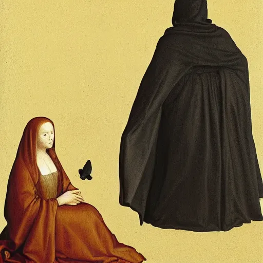 Prompt: woman in black cloak turns away from small bird, renaissance painting