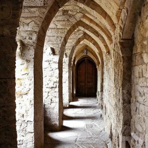 Prompt: corridor in old castle, highly detailed, old stone, wood