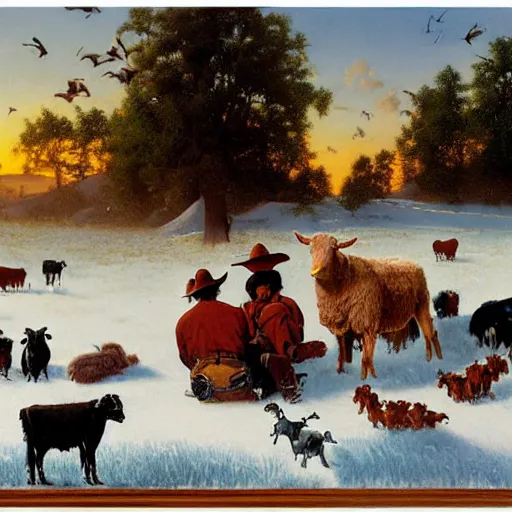 Prompt: an extremely detailed matte painting of a rancher feeding the animals at sunrise, tall rancher wearing a cowboy hat, dogs, cows, sheep, chickens, ducks, 4 k, ranch the morning after a light snowfall, by bob ross and norman rockwell