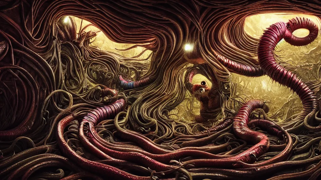 Image similar to screaming worm monster, maximalist, high detail, 8k, ornate, dark fantasy, realistic, masterpiece, complex, WLOP, film still from the movie directed by Denis Villeneuve, wide angle, colorful