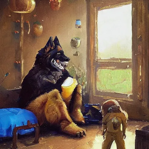 Image similar to a humanoid german shepherd beast - man, sitting and watching a soccer match in his house on television, he has hurt his knee and is a dad, by erin hanson, alexi zaitsev, karl spitzweg, award winning, tv set