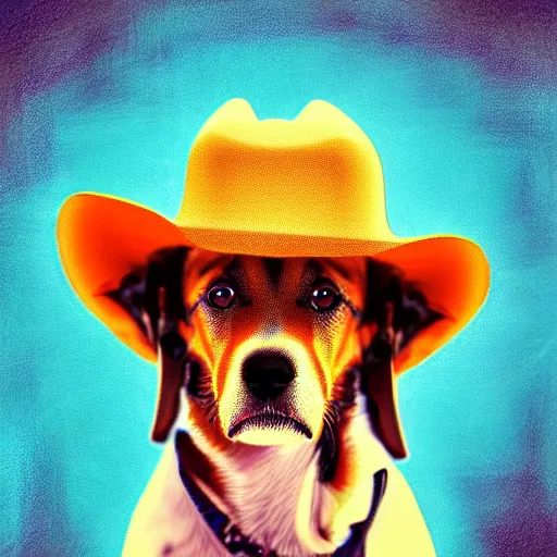 Image similar to a cute dog wearing a cowboy hat,pale colors, google deep dream