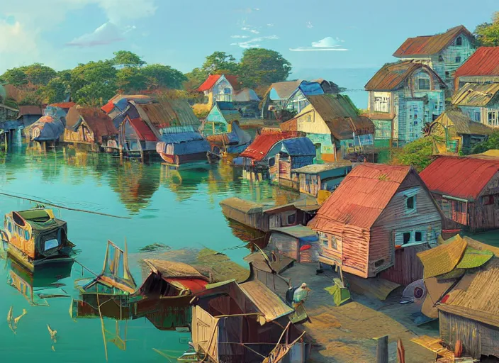 Image similar to fishing village, sipadan, summer morning, very coherent and colorful high contrast, art by gediminas pranckevicius, geof darrow, makoto shinkai, dark shadows, hard lighting