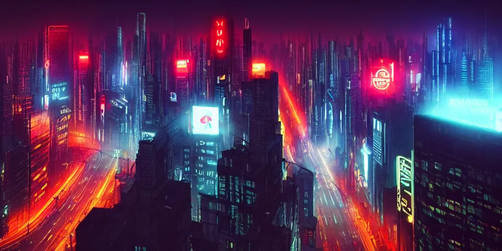 Image similar to giant illuminated billboards, megacity streets seen from above, neon signs, eerie fog, blade runner, ex machina