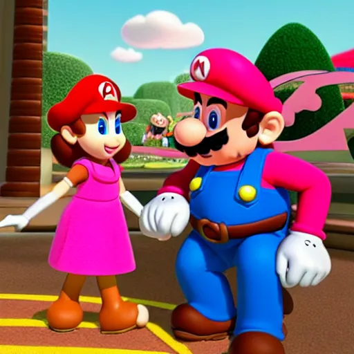 Image similar to mario from super mario wearing a pink dress, pixar animation