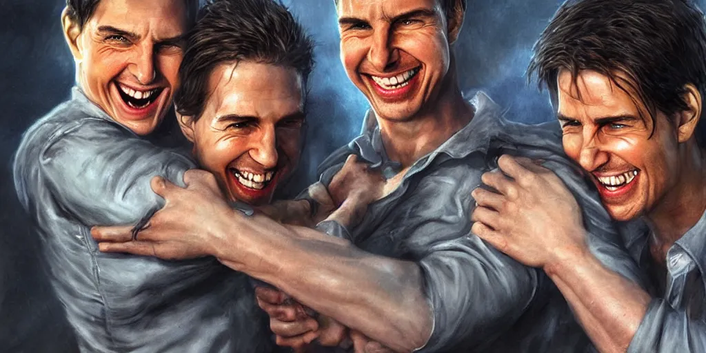 Image similar to hyper realistic tom cruise hugging tom cruise, hugging tom cruise, all overly excited, jaw unhinged with laughter and smiling, all teeth, kinda disturbing but really funny, tom has evil eyes, like super evil looking, by greg rutkowski, scott m fischer, artgerm, loish, slight glow, atmospheric, anne stokes, alexandros pyromallis