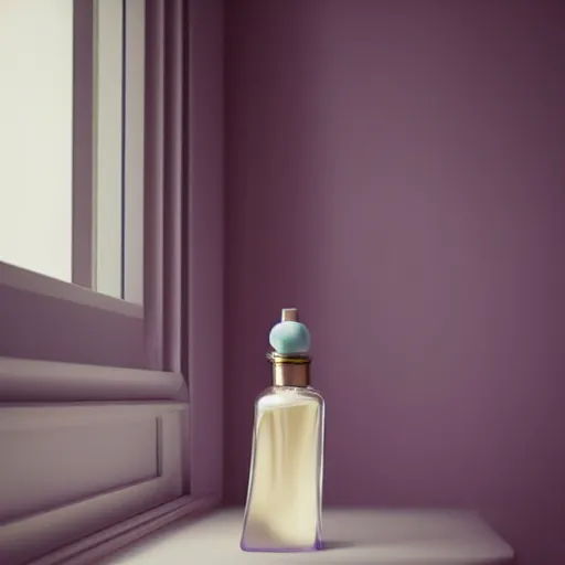 Prompt: perfume bottle on window sill in a pastel room by peter tarka in an ivory room well contoured smooth fair walls, up close shot, sharp focus, octane highly render, 4 k, ultra hd,