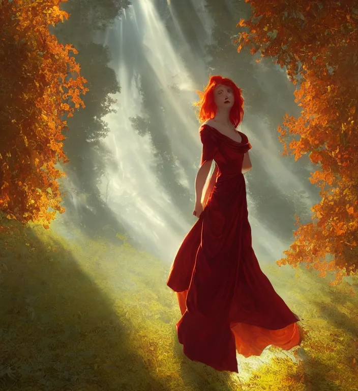 Image similar to portrait of a red haired woman wearing a satin dress, autumn leaves falling, dramatic volumetric lighting, god rays, global illumination, soft, sharp focus, sci-fi, ivy, moss, trending on artstation, intricate concept art by Greg Rutkowski and artgerm and and Alphonse Mucha