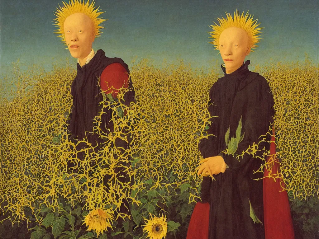 Image similar to Portrait of albino mystic, with wild exotic thorns, with burning sunflower field in the distance. Night. Painting by Jan van Eyck, Audubon, Rene Magritte, Agnes Pelton, Max Ernst, Walton Ford