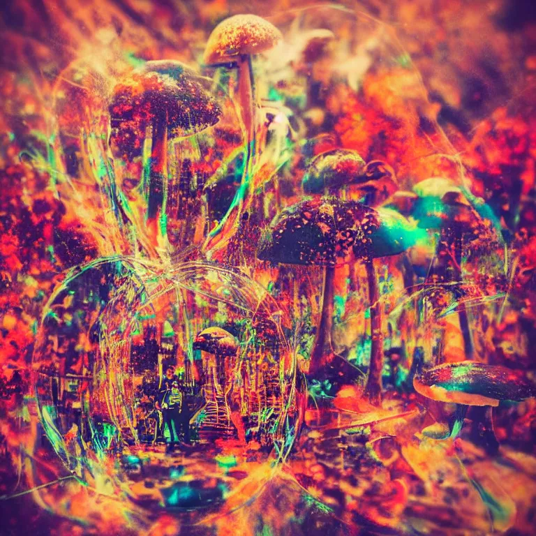 Image similar to double exposure of dally life, symbols of live, explosion, cyber mushroom city, love is the most relevant theme, love is infinity, love is begin of all, 8 k resolution, artistic mode, artistic, trending on instagram, long exposure, love art, serious, fantasy and dreams vibes, mushrooms style and macro style, colorful picture