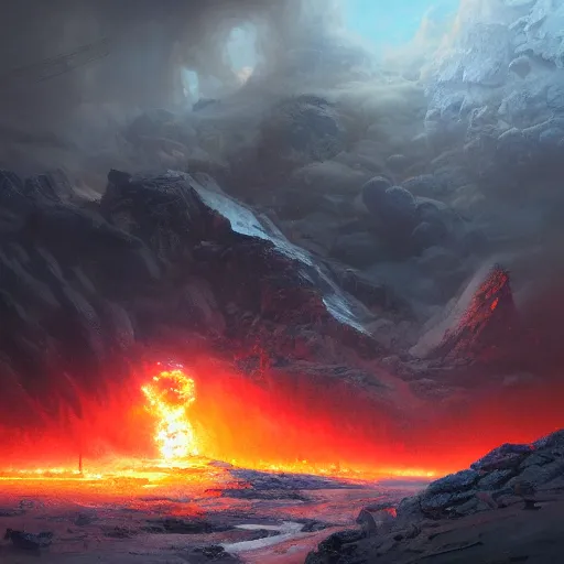 Image similar to an nuclear explosion in blizzardy mountains, Matte painting , detailed painting, greg rutkowski