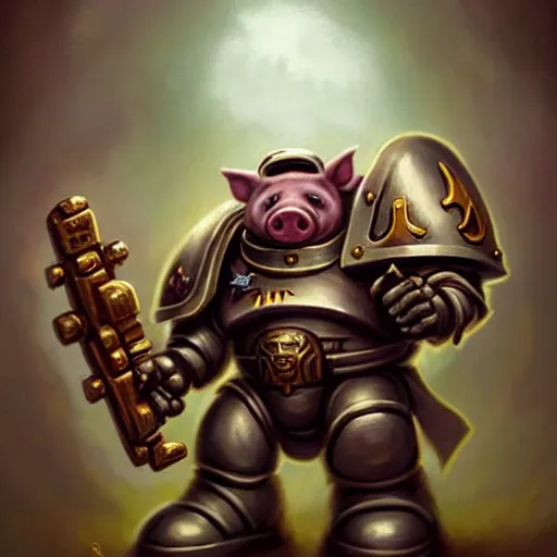 Image similar to cute little anthropomorphic Pig Space Marine, tiny, small, short, Space marine, cute and adorable, pretty, beautiful, DnD character art portrait, matte fantasy painting, DeviantArt Artstation, by Jason Felix by Steve Argyle by Tyler Jacobson by Peter Mohrbacher, cinema