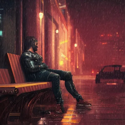 Prompt: a highly detailed portrait of a muscular man sitting on a bench in the rain, digital art, retrowave, cyberpunk, artstation, pixiv, by wlop, greg rutkowski