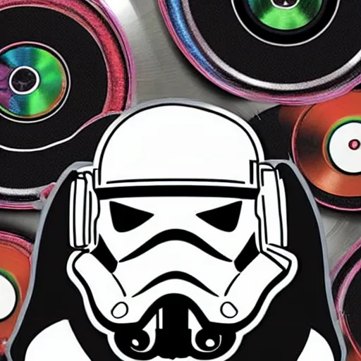 Image similar to svg sticker of a Pop-Wonder Storm-Trooper-Mandolorian-Helmet-Head-Hero-Villain at a rave, spinning records, giant headphones rocking out, wearing headphones, huge speakers, dancing, rave, DJ, spinning records, digital art, amazing composition, rule-of-thirds, award-winning, trending on artstation, featured on deviantart