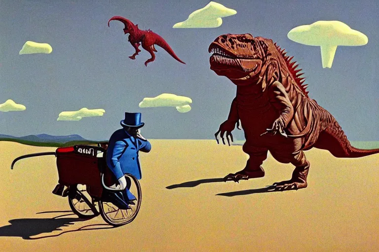 Image similar to Winston Churchill riding a T-Rex, painting by Jean Giraud and René Magritte and Gary Panter, claymation in octane