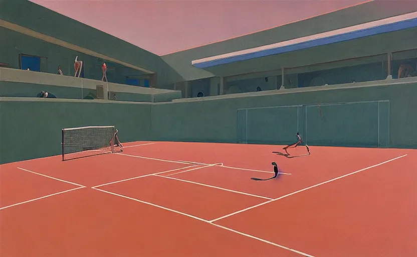 Prompt: Inside a greek tennis court, very coherent, painted by Edward Hopper, Wayne Barlowe, painted by James Gilleard, airbrush, art by JamesJean