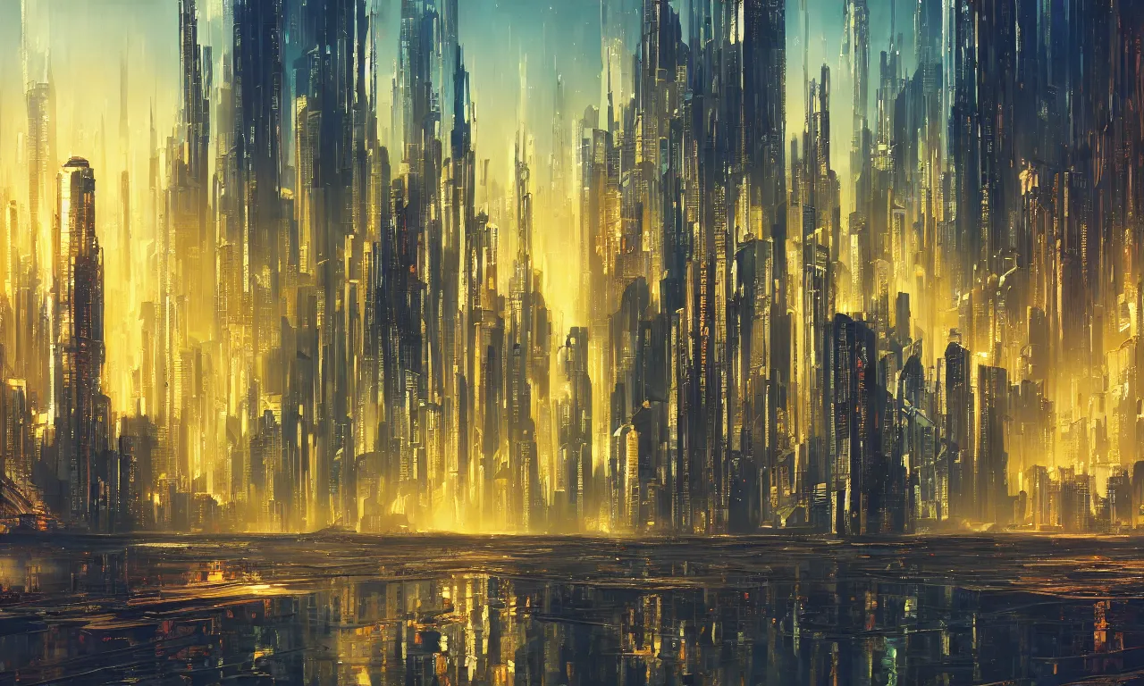 Image similar to an epic painting megapolis, oil on canvas, cold colors, perfect composition, golden ratio, beautiful detailed, photorealistic, digital painting, artstation, concept art, smooth, sharp focus, illustration, cyberpunk background, artstation trending, octane render, unreal engine
