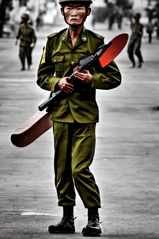 Prompt: vietnam soldier with skateboard, photography, pulitzer style, hyperrealistic, vogue magazine photo style, dynamic composition, intricate, proportional perfect, dynamic comfortable posse, smooth, sharp focus, captured by nikon d 8 5 0, 4 k, full body. by daniel berehulak