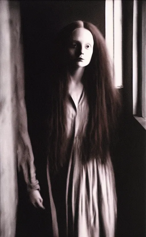 Prompt: portrait of a girl with long red hair, very beautiful style, girl standing in a black room by a window, wearing a gold suit, photorealism, andrei tarkovsky deborah lou turbeville,