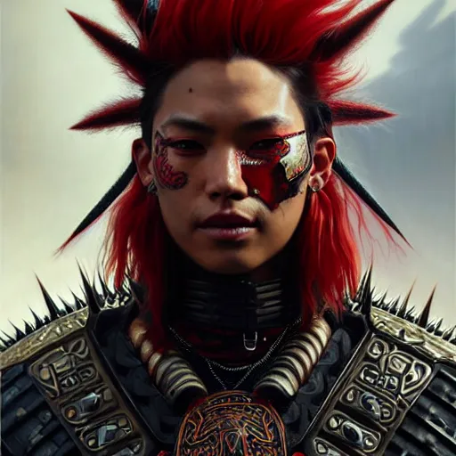 Image similar to portrait painting of a cyberpunk maori street samurai with spiky red hair, ultra realistic, concept art, intricate details, eerie, highly detailed, photorealistic, octane render, 8 k, unreal engine. art by artgerm and greg rutkowski and charlie bowater and magali villeneuve and alphonse mucha