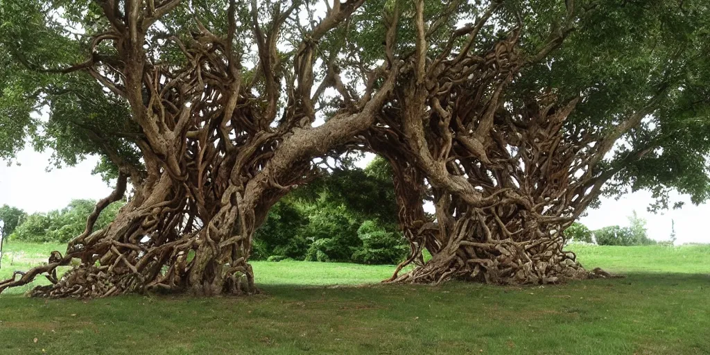 Image similar to Artwork by John Howe of Eight different trees twisted together to create a shelter underneath.
