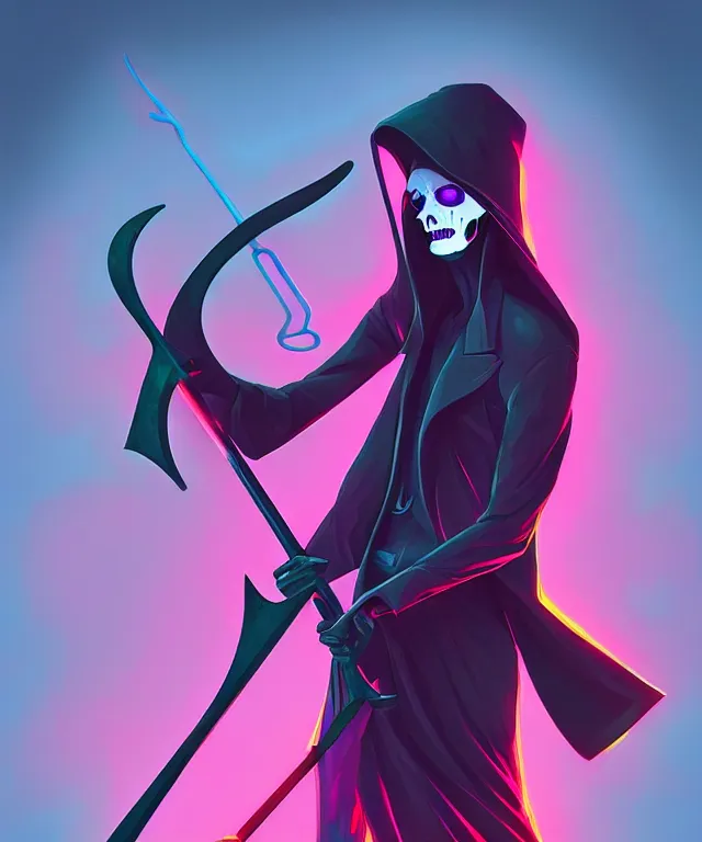 Image similar to a portrait of a neon grim reaper holding a scythe, fantasy, elegant, digital painting, artstation, concept art, matte, sharp focus, illustration, art by josan gonzalez