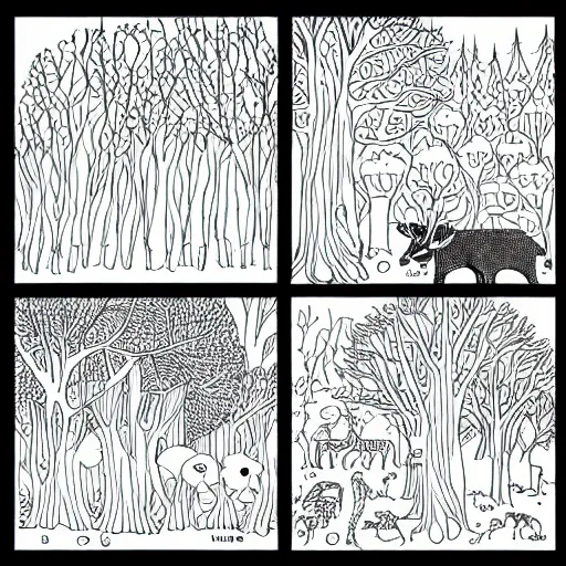 Image similar to simplified line drawings of a forest with animals. Scan of a colouring children book.