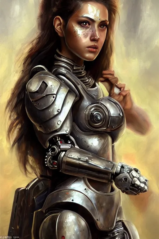 Image similar to a photorealistically painted portrait of an attractive young girl, partially clothed in cybernetic battle armor, with an abstractly painted background, flawless olive skin, fair complexion, long dark hair, beautiful bone structure, perfectly symmetric facial features, perfect photorealistic eyes, natural physique, intricate, elegant, digital painting, concept art, finely detailed, beautifully illustrated, sharp focus, minimal artifacts, volumetric lighting, from Metal Gear, by Ruan Jia and Mandy Jurgens and Artgerm and William-Adolphe Bouguerea, in the style of Greg Rutkowski, trending on Artstation, award winning art