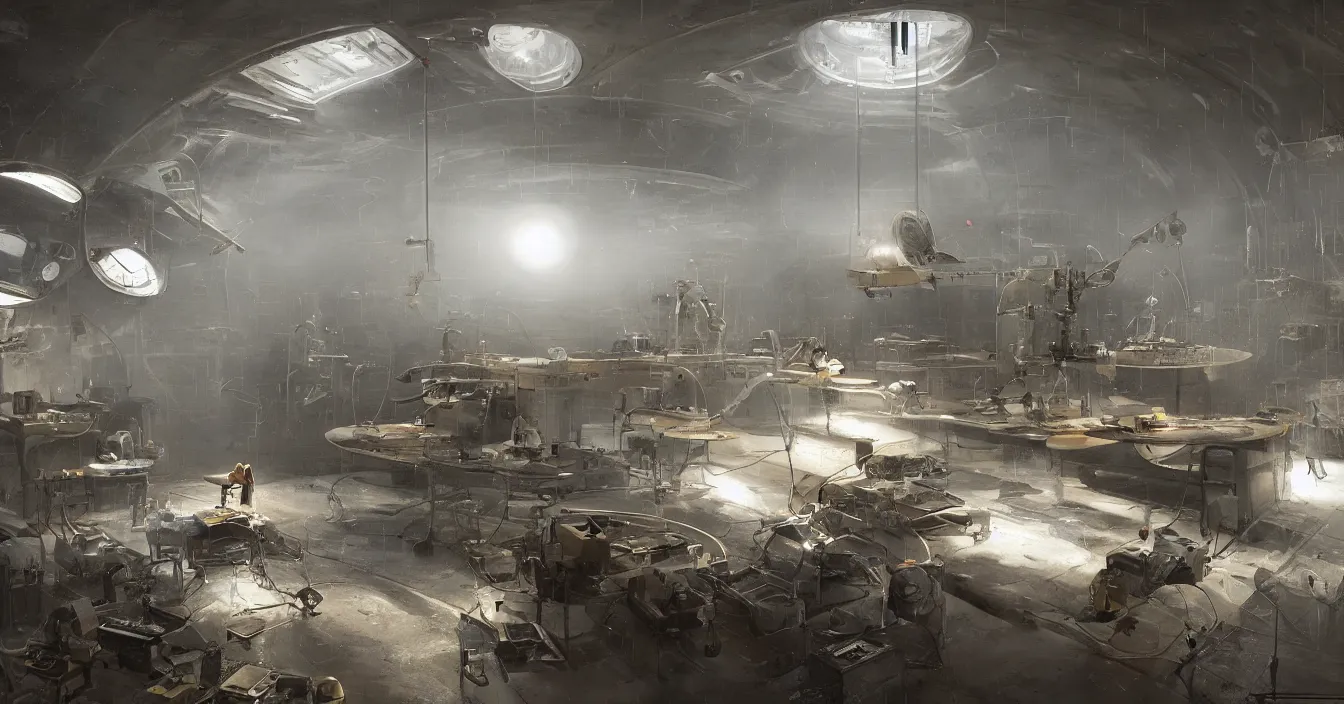 Image similar to engineer repairs ancient flying saucer full of modern military equipment, in the laboratory full of tools and machines, high detail, volume raytracing fog, wet reflective ground, by james paick, by ilm, by digital domain, by weta digital