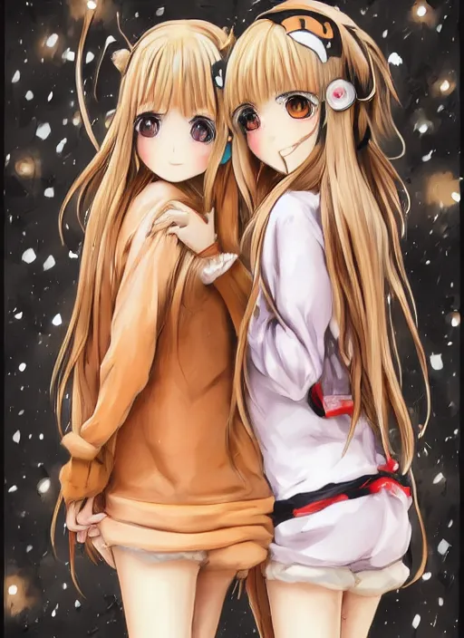 Prompt: highly detailed art of one blonde and one brown haired anime girl in onesies pressed against each other looking at us, detailed eyes, happy, excited, digital art, cute, anime, detailed faces, well drawn faces, cute faces, 8 k, trending on artstation, official media