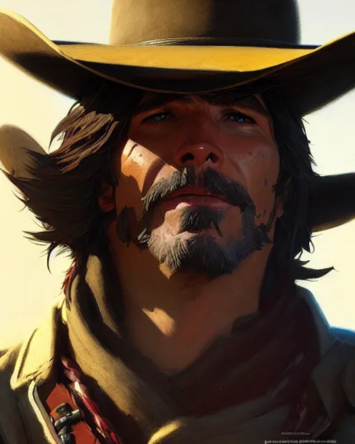 Image similar to mccree from overwatch, character portrait, portrait, close up, concept art, intricate details, highly detailed by greg rutkowski, michael whelan and gustave dore