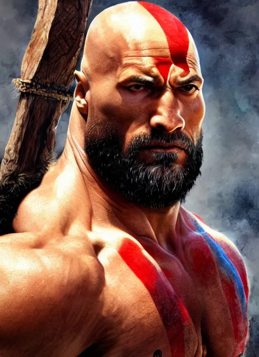 Image similar to a highly detailed beautiful portrait of dwayne johnson kratos hybrid god of war, spartan warrior, olympian god, muscular!!, james gurney, frank frazetta, boris vallejo, octane, fantasy