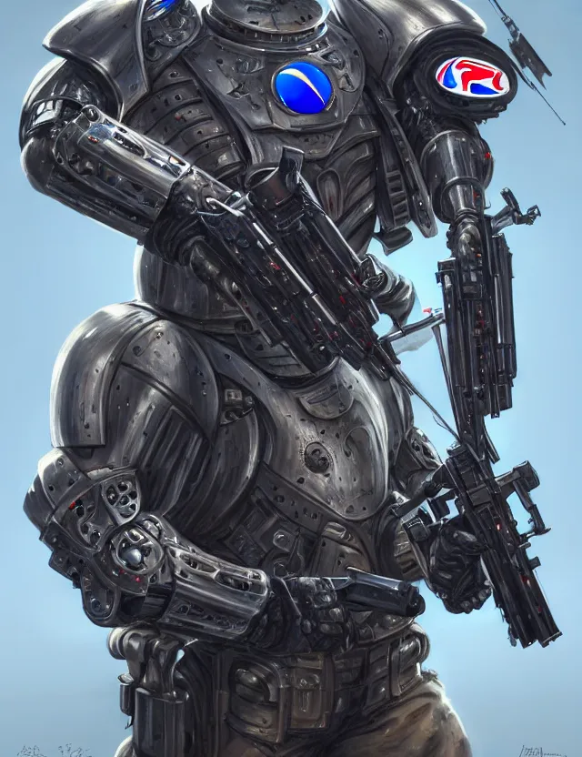 Prompt: a portrait of a tactical exoskeleton with miniguns painted with the pepsi logo, by moebius and tyler edlin and hr giger, trending on artstation, digital art, 4 k resolution, detailed, high quality, sharp focus, hq artwork, coherent, insane detail, concept art