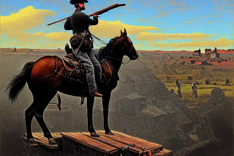 Prompt: an extremely detailed masterpiece of a 1 8 9 0's gunslinger on his horse overlooking an old town, in the style of frederic remington and charles marion russell, digital art