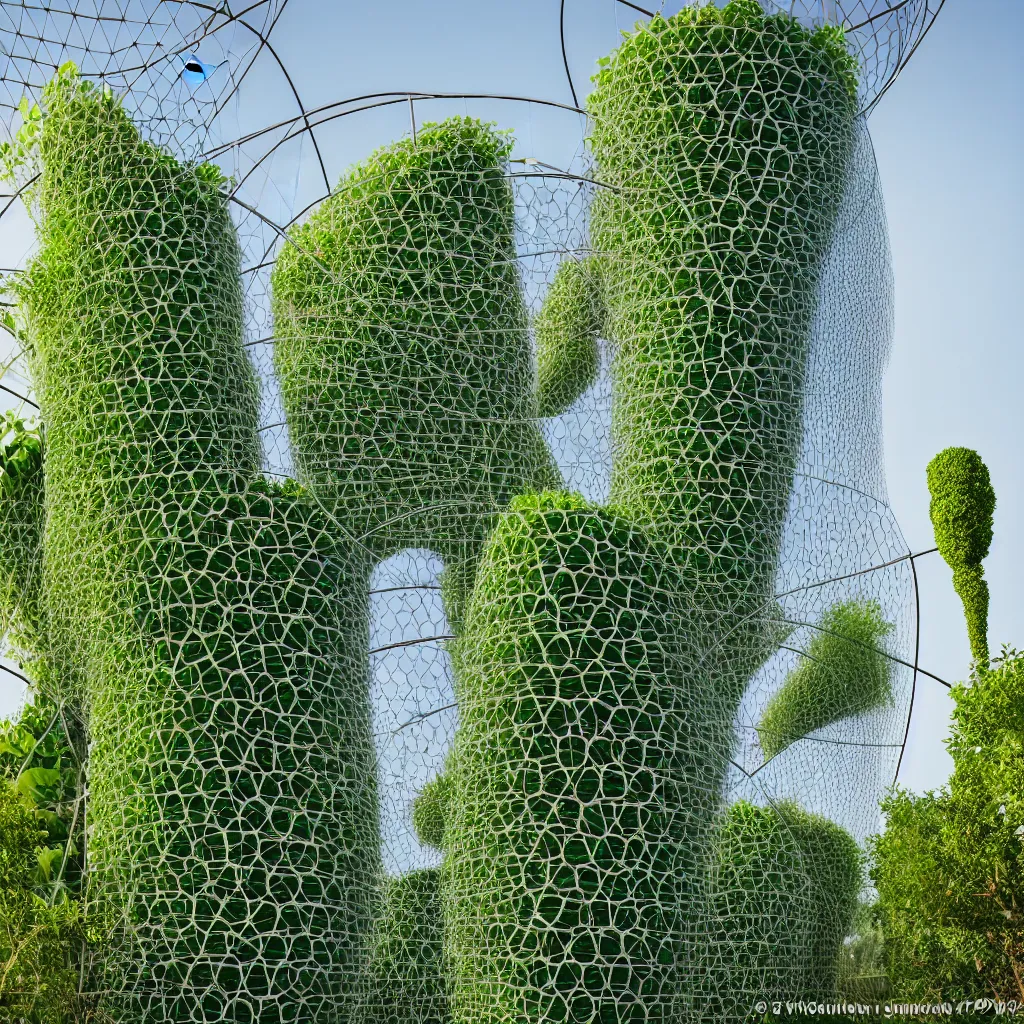 Prompt: torus shaped electrostatic water condensation collector tower, irrigation system in the background, vertical vegetable gardens under shadecloth and hexagonal frames, in the middle of the desert, XF IQ4, 150MP, 50mm, F1.4, ISO 200, 1/160s, natural light