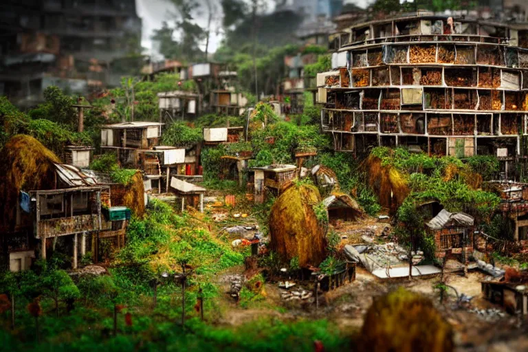 Image similar to favela fungus beehive, wooded environment, industrial factory, cheerful, award winning art, epic dreamlike fantasy landscape, ultra realistic,