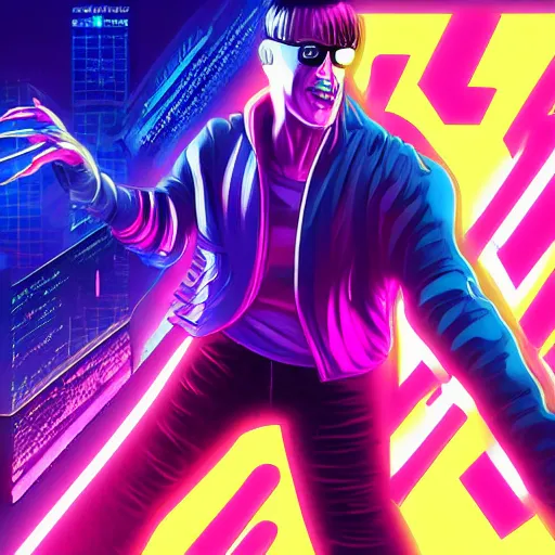 Image similar to cyberpunk hacker surfing through synthwave cyberspace