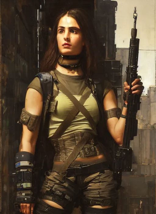 Prompt: buff Ella. beautiful cyberpunk soldier wearing a military vest and military gear (cyberpunk 2077). gorgeous face. Iranian orientalist portrait by john william waterhouse and Edwin Longsden Long and Theodore Ralli and Nasreddine Dinet, oil on canvas. Cinematic, hyper realism, realistic proportions, dramatic lighting, high detail 4k