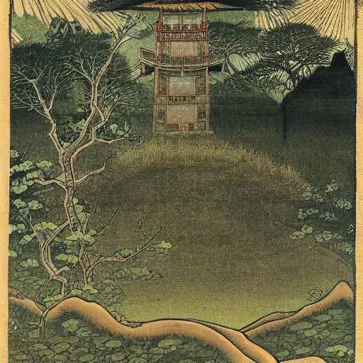 Image similar to The abandoned wizard\'s tower in the overgrown garden. Japanese manuscrript painting.