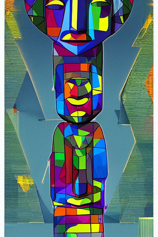 Image similar to cubist moai statue cutout digital illustration cartoon colorful beeple