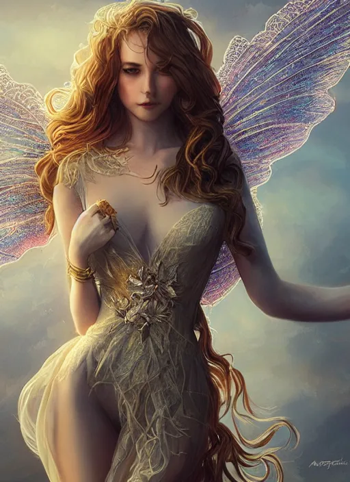 Image similar to full body portrait of a beautiful fairy women with wings of lace, by artgerm, sunny day, highly detailed, perfect lighting, perfect composition, symmetry, detailed features, 4 k, by alan lee, by derek zabrocki, by greg rutkowski