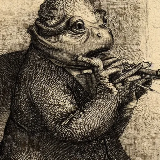 Prompt: a high detail closeup shot of a frog wearing a suit 👔,and smoking a cigarrette🚬, Rembrandt