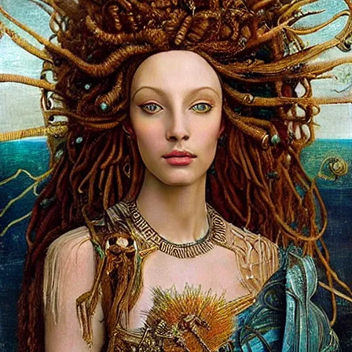 Prompt: intricate detail, hyper detail, african sybil, lady of elche techno mystic princess intergalactica, wearing labradorite full body armor,, hazel green eyes, with aqua neon rapunzel dreadlocks, detailed, by sandro botticelli, gaston bussiere, h. r. giger, masterpiece, sharp focus,