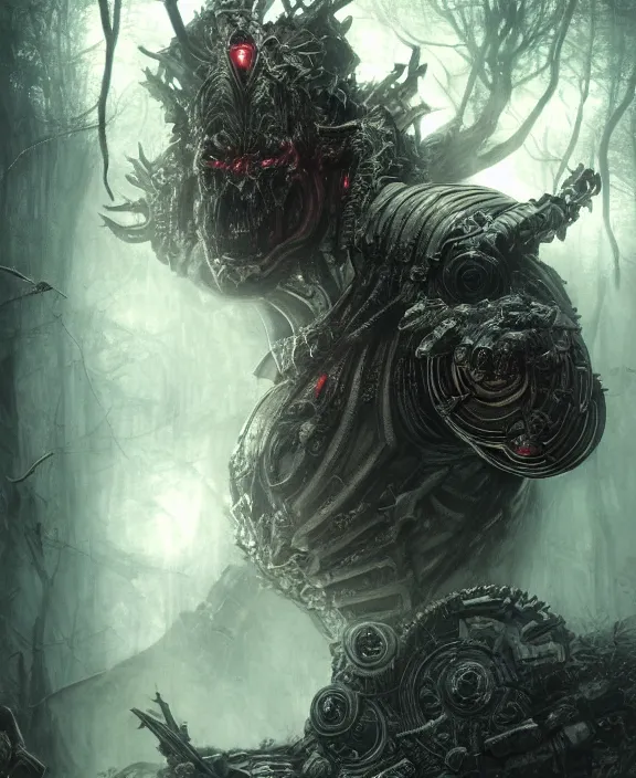 Image similar to 5 5 mm close up portrait photo of an armored biomechanical demonic superman looking at the camera, in a magical forest. dark atmosphere. art by greg rutkowski and luis royo. highly detailed 8 k. intricate. lifelike. soft light. nikon d 8 5 0.